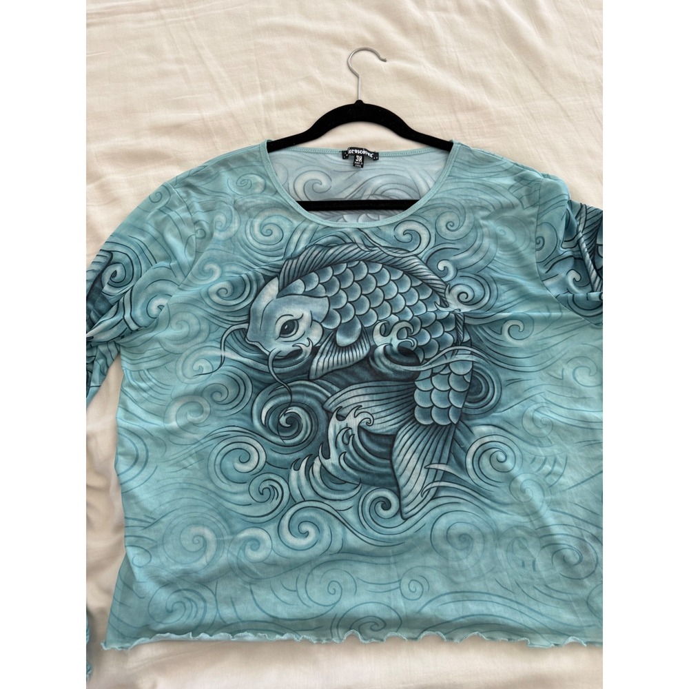 Y2K Koi Fish Mesh Top Tattoo Print Cyber Fairy Grunge Sheer Lettuce Edge - Picture 2 of 7